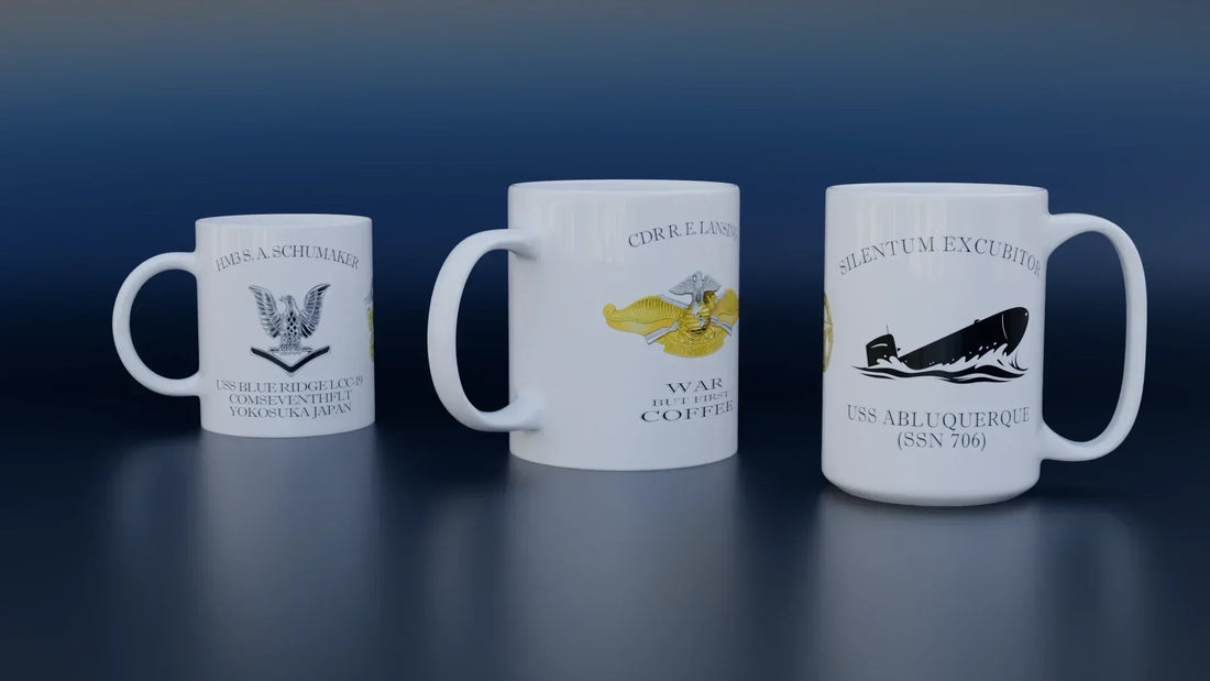 Custom Old Salt mugs, on the left a 11oz mug, center 20 oz, and right 15oz mug.