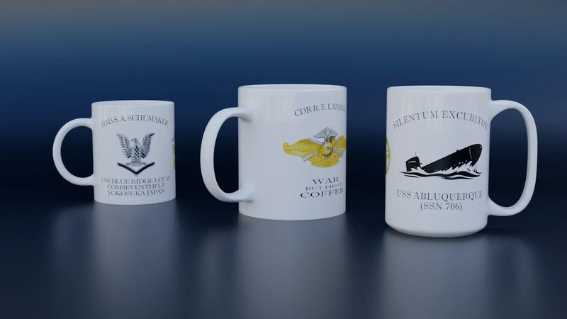 Custom Old Salt mugs, on the left a 11oz mug, center 20 oz, and right 15oz mug.