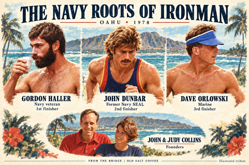 Illustrated portraits of 1978 Ironman finishers Gordon Haller, John Dunbar, and Dave Orlowski, with founders John and Judy Collins.