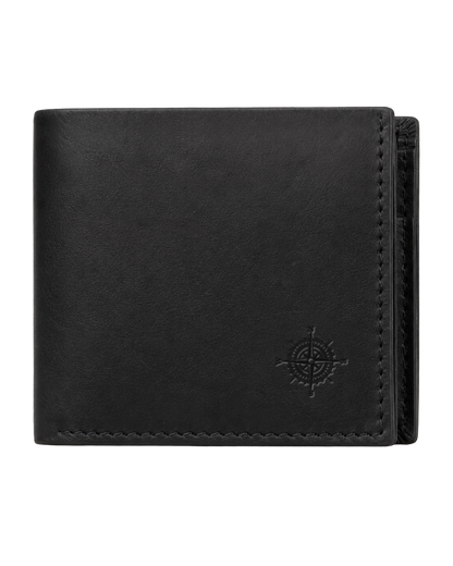Black leather wallet with brand logo on a white background