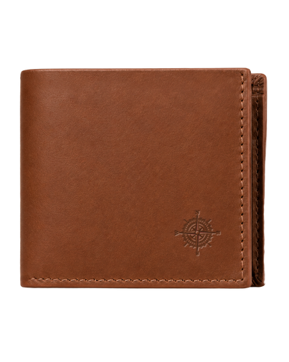 Brown leather wallet with brand logo on a white background