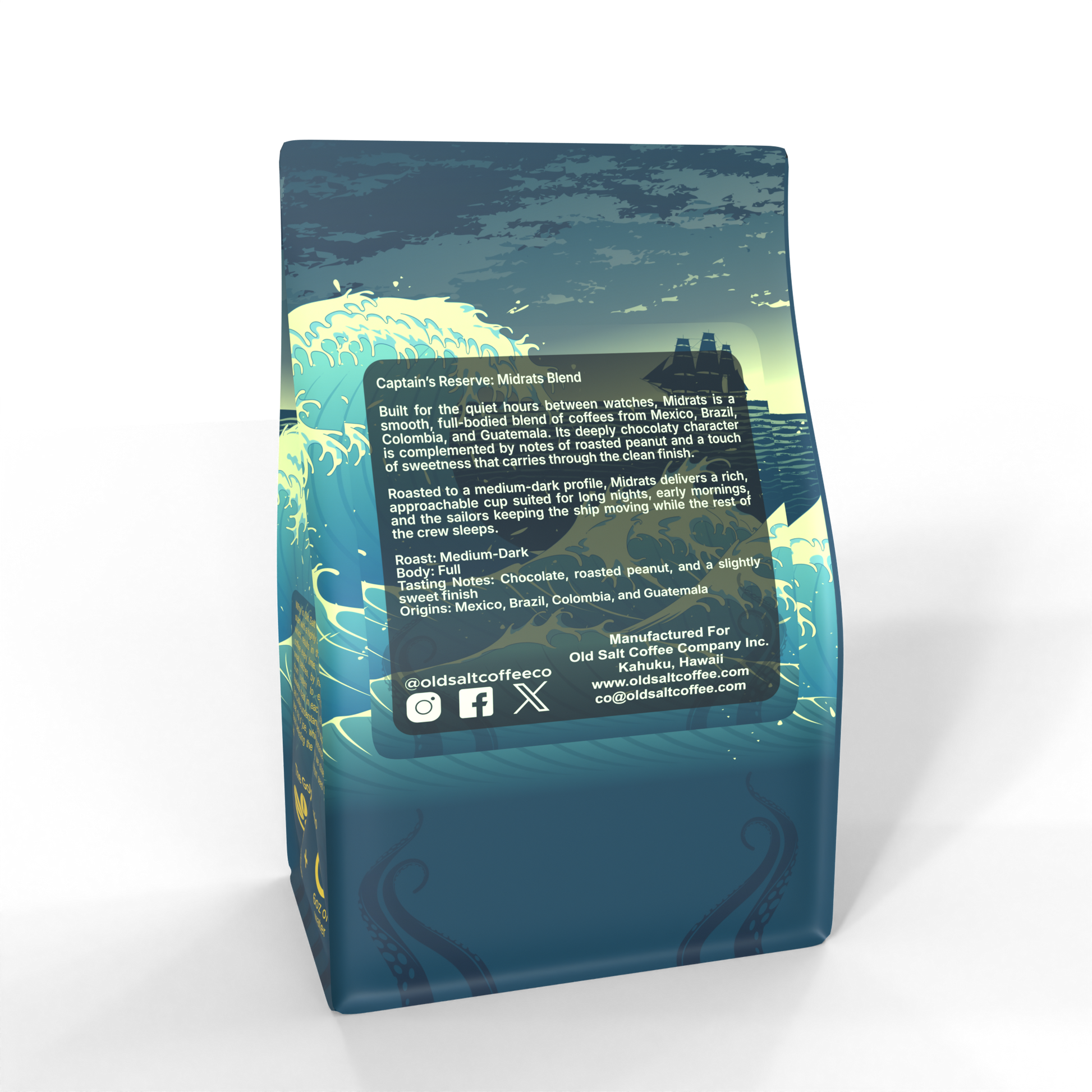 Coffee bag with a scenic design and text on a white background