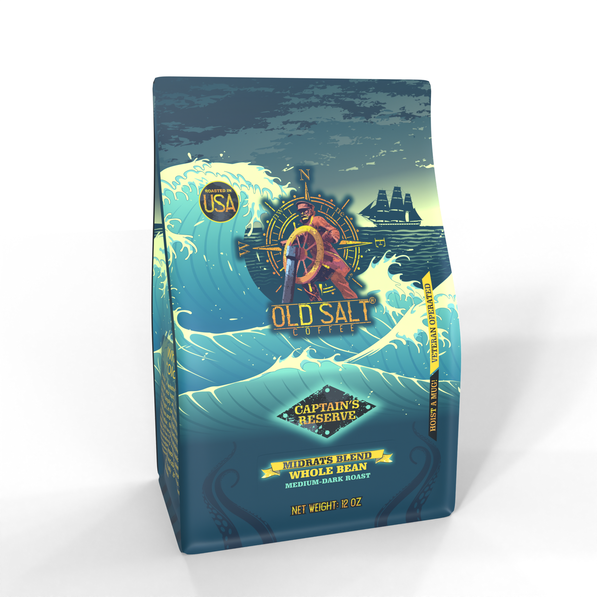 Old Salt Coffee bag with ocean design and captain illustration on a white background