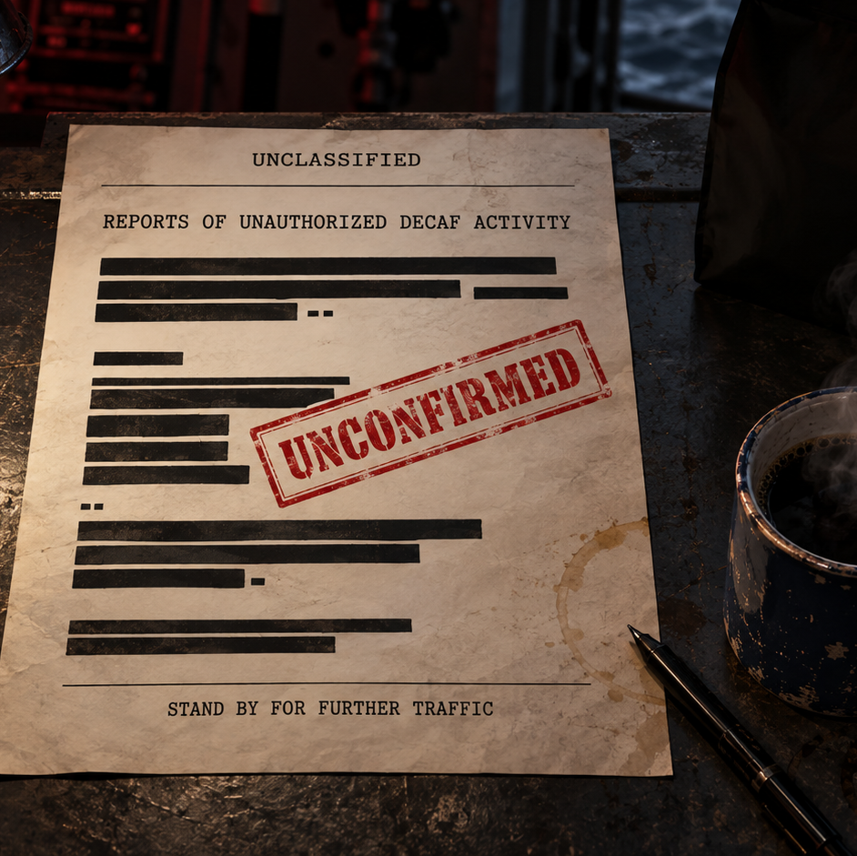 A vintage-style classified document on a dark desk, featuring redacted text, a large red 'UNCONFIRMED' stamp, and surrounding props including a coffee mug, compass, and lamp.
