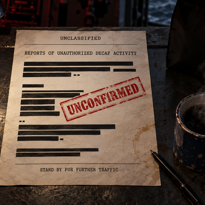 A vintage-style classified document on a dark desk, featuring redacted text, a large red 'UNCONFIRMED' stamp, and surrounding props including a coffee mug, compass, and lamp.