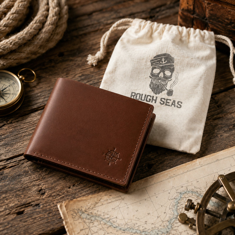 Brown leather wallet on a wooden surface with a 'Rough Seas' drawstring bag and nautical items.