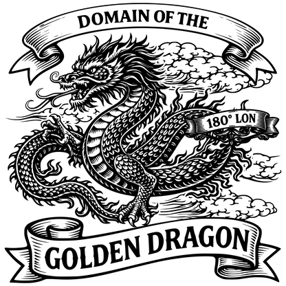 Black and white illustration of a dragon with 'Domain of the Golden Dragon' text.