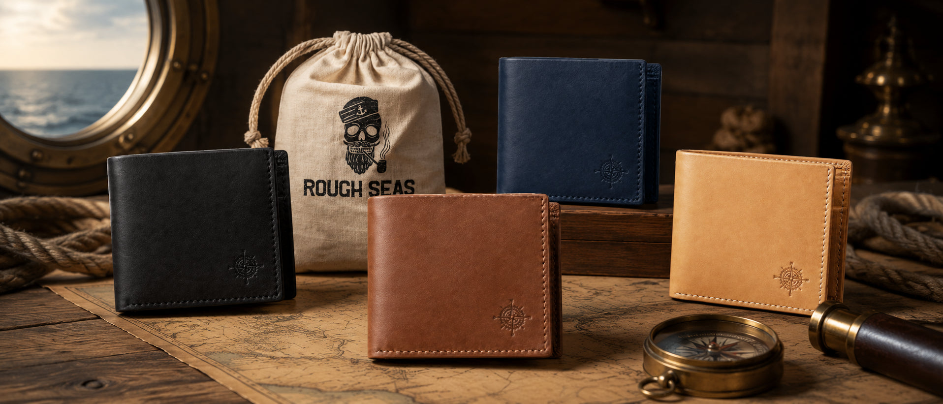 Collection of leather wallets and a drawstring bag on a wooden surface with a compass and rope.