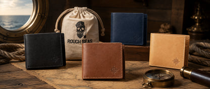 Collection of leather wallets and a drawstring bag on a wooden surface with a compass and rope.