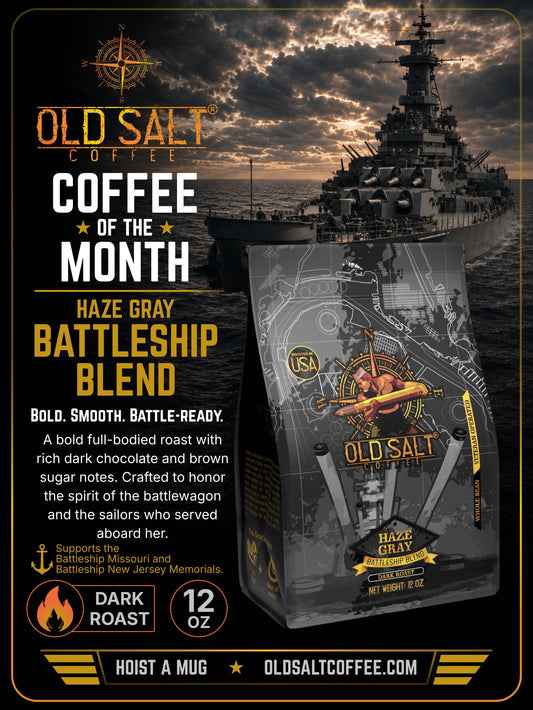 Old Salt Coffee packaging with battleship design and coffee blend details.