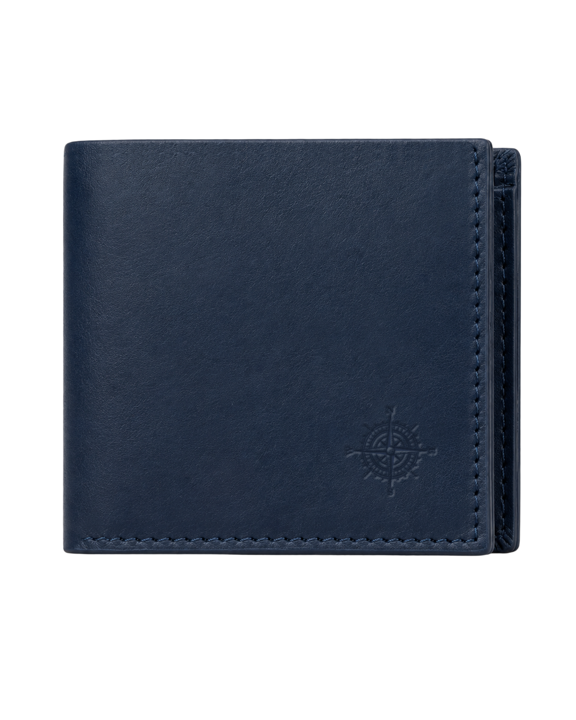 Navy blue leather wallet with brand logo on a white background