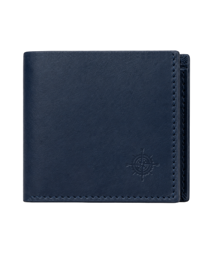 Navy blue leather wallet with brand logo on a white background