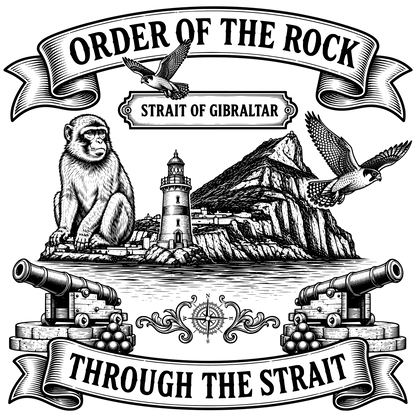 Black and white illustration of a monkey, lighthouse, and falcon with 'Order of the Rock' text.