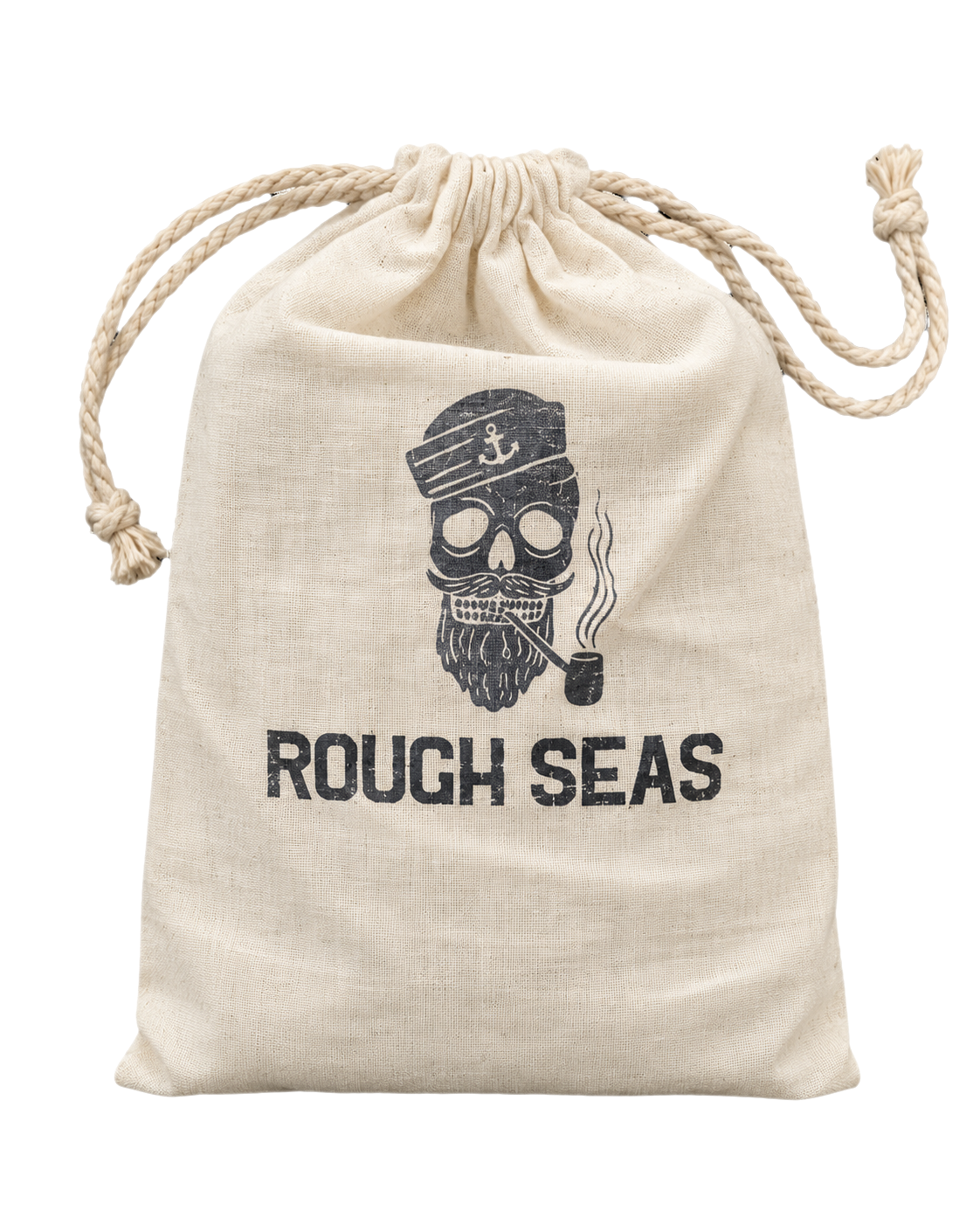Natural linen drawstring bag with 'Rough Seas' text and skull design on a white background