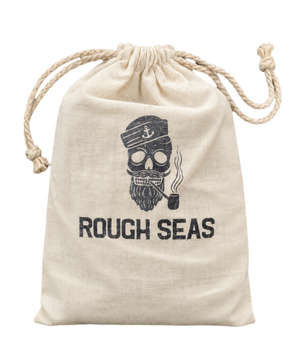 Natural linen drawstring bag with 'Rough Seas' text and skull design on a white background
