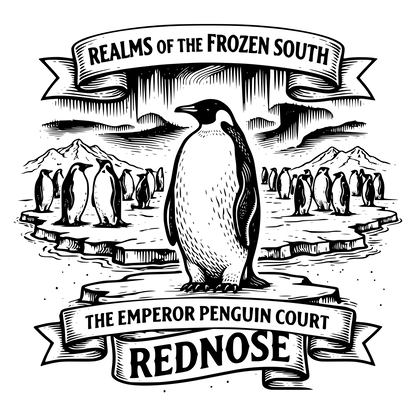 Illustration of penguins on ice with 'Realms of the Frozen South' and 'The Emperor Penguin Court Rednoise' text.