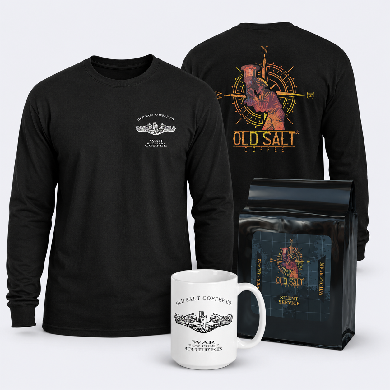 Silent Service Watch Kit with 2lb coffee, Submarine Warfare Insignia mug, and black long sleeve tee