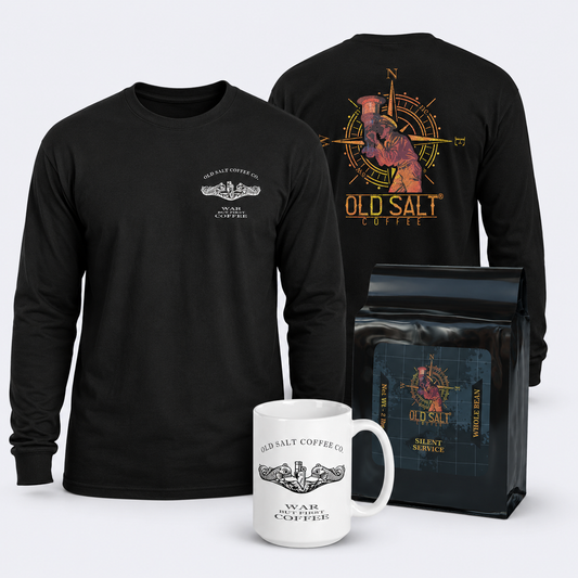Silent Service Watch Kit with 2lb coffee, Submarine Warfare Insignia mug, and black long sleeve tee
