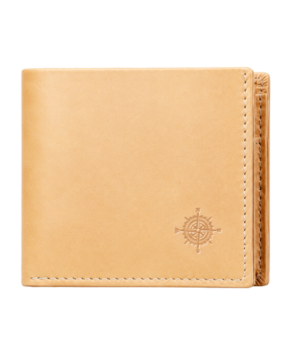 Tan leather wallet with brand logo on a white background
